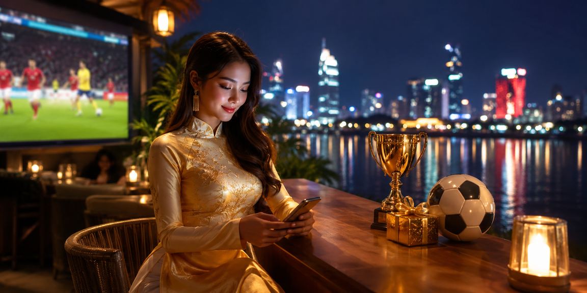 Người phụ nữ mặc áo dài tại Hà Nội xem cá cược bóng đá trên điện thoại